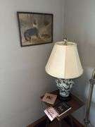 Table, lamp, 2 – pictures, book, 15 x 15 x 28.5”