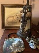 2 – pictures, lamp with part missing, purse, mask