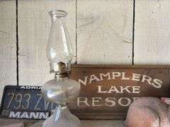 Oil lamp, rosin rabbit, sign, and Bird houses