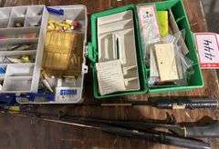 Tacklebox and 3 ice fishing poles