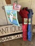 2 – folding chairs, antique sign, garden flag