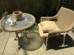 Wicker table and chair, seashell, chair has rough seat