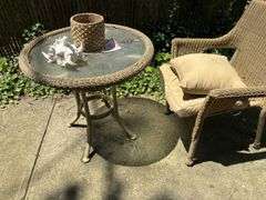 Wicker table and chair, seashell, chair has rough seat