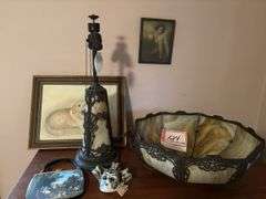 2 – pictures, lamp with part missing, purse, mask