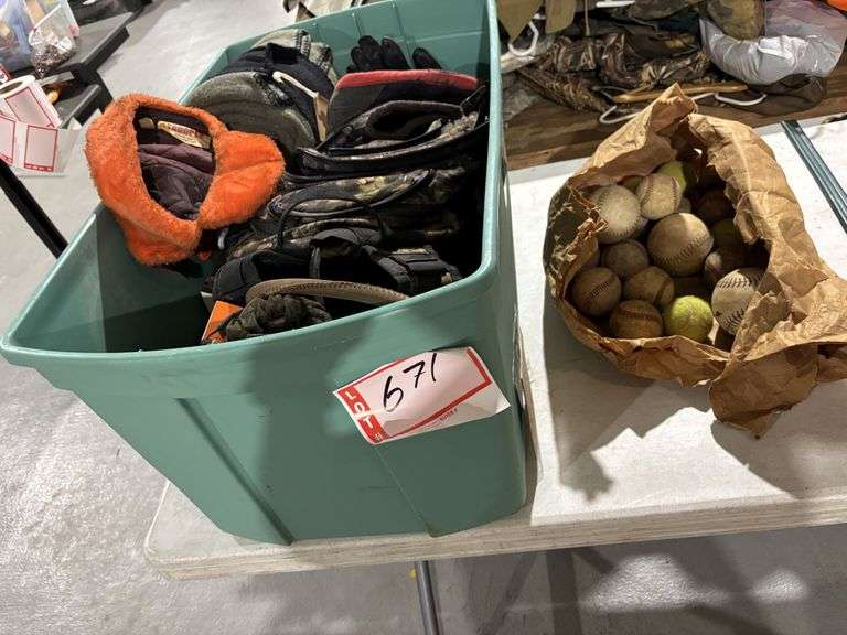 Backpacks, blanket, hats, baseballs, and softball