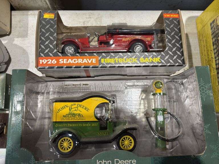 1926 Seagrave Fire bank, John Deere collector set truck and pump