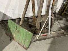 Post hole digger, ax, snow shovel, ax, float