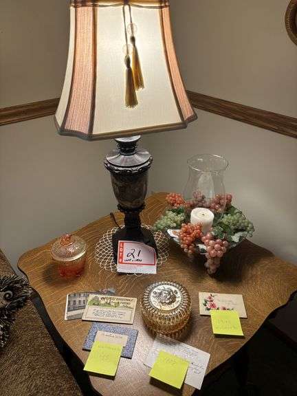Lamp and decor and old cards