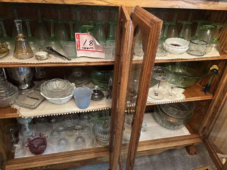 Contents of China cabinet, Early 1930s glassware, etc.