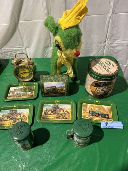 John Deere alarm clock, tins, salt and pepper, small trays and stuffed deer