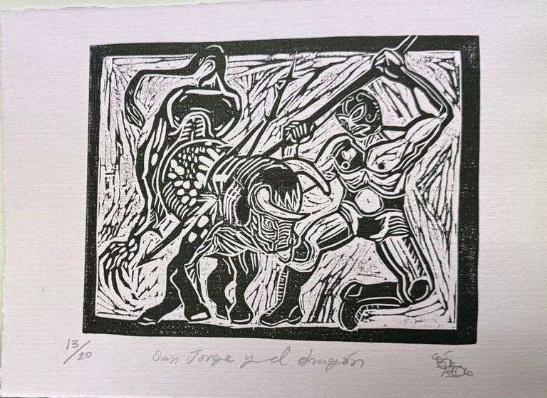 OBRA titulada "SAN JORGE Y EL DRAGÓN", Autor CESAR ALEJANDRO HERNANDEZ, Medidas 28CM X 20CM, Técnic