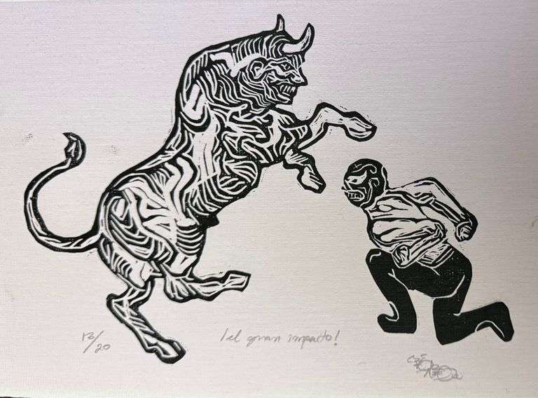 OBRA titulada "EL GRAN IMPACTO", Autor CESAR ALEJANDRO HERNANDEZ, Medidas 28CM X 20CM, Técnica LINO