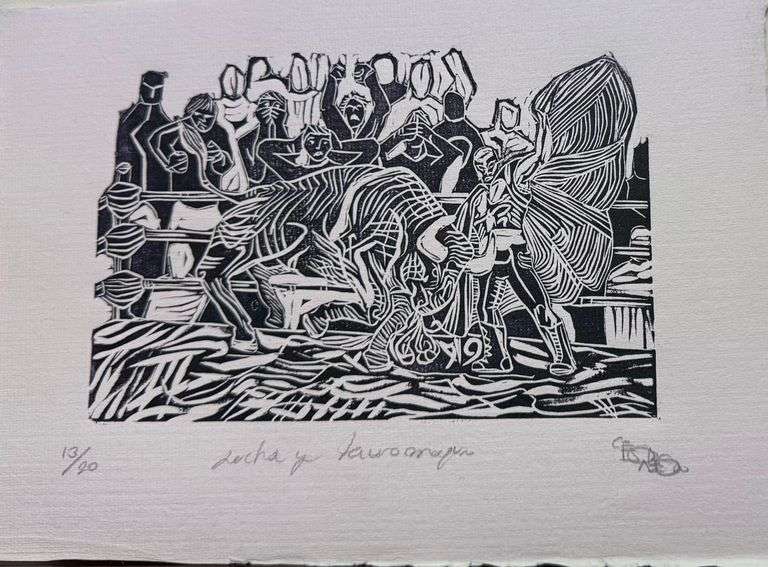 OBRA titulada "LUCHA Y TAUROMAQUIA", Autor CESAR ALEJANDRO HERNANDEZ, Medidas 28CM X 20CM, Técnica