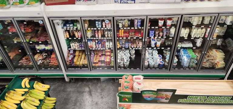 1 VITRINA DECARNES F Y V E EMBUTIDOS DE 10 PUERTAS (Incompleto/Dañado), 2 PUERTAS DE VIDRIO Y ALUMIN