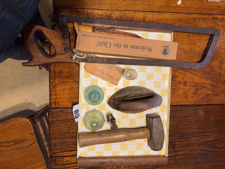 Vintage Display Lot - Hammer, Iron, 4 Glass Bottles, Saw, Filet Knife