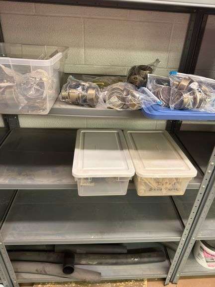 Plastic tote, full of knobs and closet, door knobs, parts to door locks, plastic tote, full of hinge