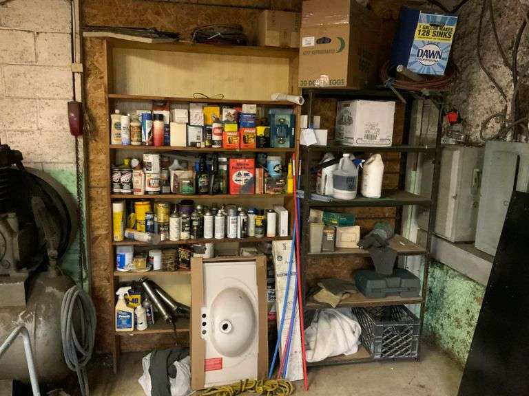 Shelving units with contents.