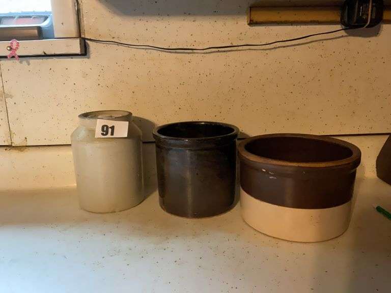 3 Crocks, 1- with lid, 2 open tops