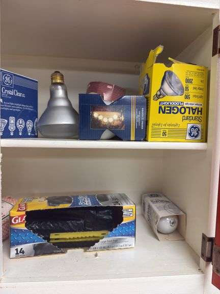 Cleaning supplies, sponges, garbage bags, lightbulbs, contents of cabinet cabinet not included