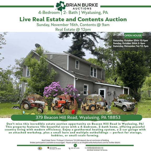 Real Estate & sportsman items, tractors, trucks Auction Beacon Hill Rd, Wyalusing, PA