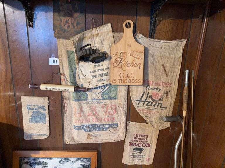 5 Vintage Feed/Bean Sacks, 1- Silver Dollar Mill, 1- Hybrid Seed Corn, 1-Luther's Genuine Smithfield