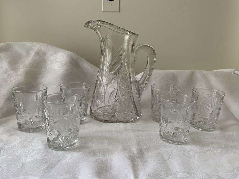 Pitcher and Set of 6 Glasses with etched flowers