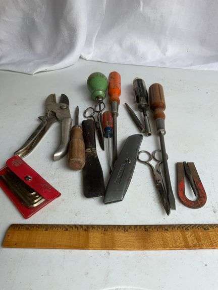 Various vintage screwdrivers, cutters, scissors and more