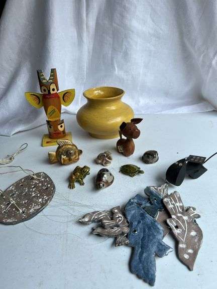 Various figurines, windchime, pot and more