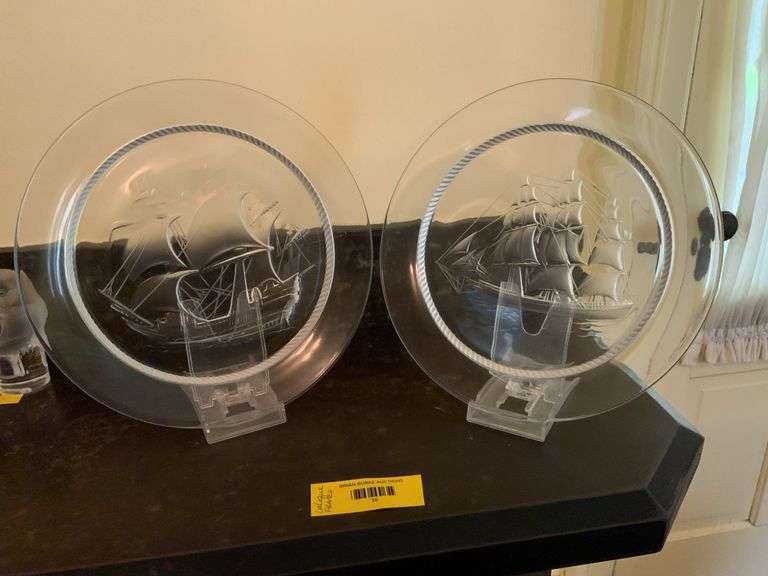 To Lalique, France, 8 1/2 inch plates with sailing ships, by the piece