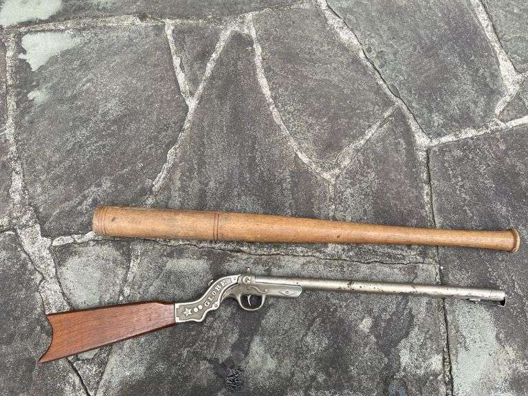 Vintage baseball bat JA Dubuque Mfg Co Northville Mich.  Globe BB Gun and vintage figurine