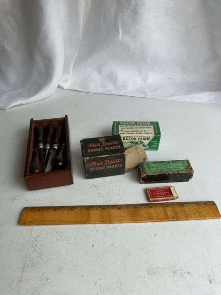 Vintage Razor Plane, Red Devil, Wooden Box carving set and more