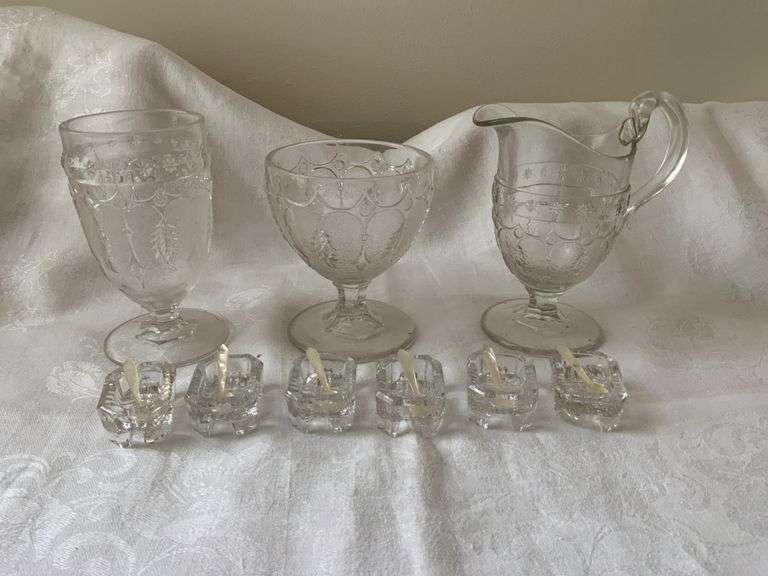 6 Crystal Salt Cellars with Spoons, 3 Leaf and Dart Pattern (1-Tumbler, 1- Water Pitcher, 1- Butter 
