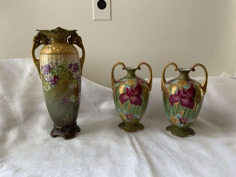 3 Hand painted Vases, 2 Oriental with Iris with original stickers and signatures on bottom 1- taller