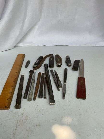 Carving tools, punches, pocket knives, Scranton Plate Glass Co Letter Opener and more