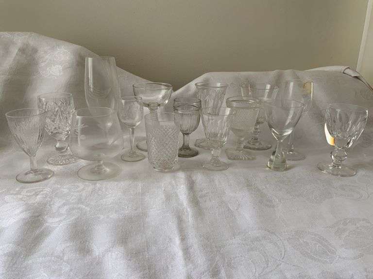 15 Cordials/ Champagne Glasses (1- Waterford, others are also marked)