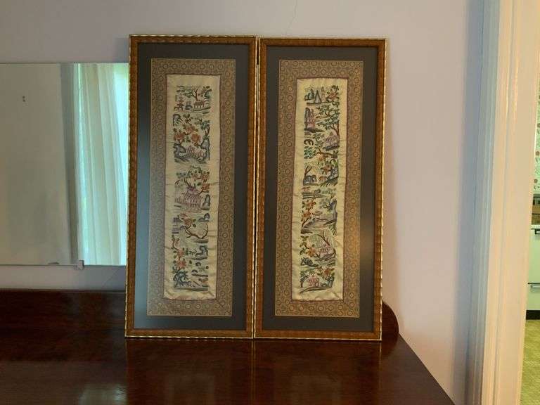 2- 28in x 12in Oriental Prints on Silk
