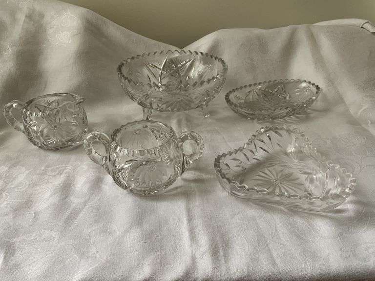 5 Pcs of Etched Glass 4Pcs match etched Daisy Pattern (Sugar, Creamer, Candy & Relish Dish), 1- Tria