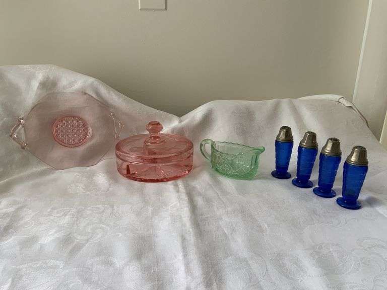 7pcs of Depression Glass, 1- Pink Divided Dish with lids, 1- pink serving tray, 1- green creamer, 2 