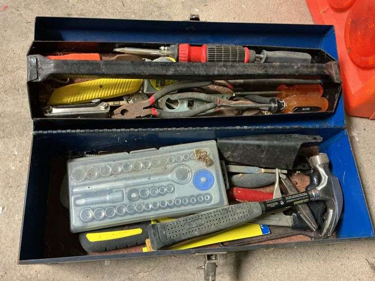Blue Metal Tool Box Filled with Tools