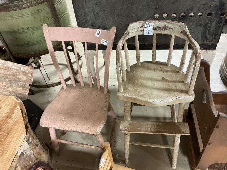 Antique Children's Chair & Pink Wooden Slat Back Chair