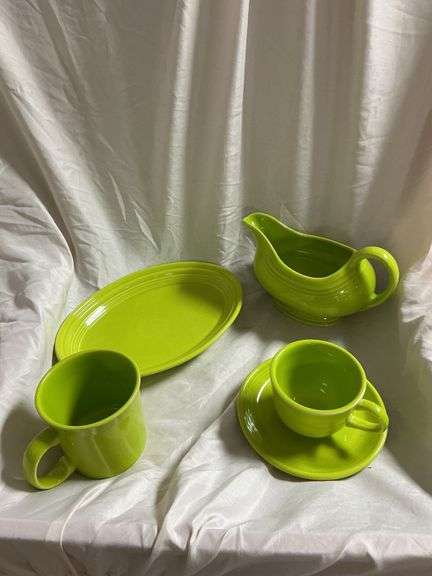 Vintage Fiesta Chartreuse 1- Tea Cup and Saucer Set, 1- Sauce Boat, 1- Mug, 1- Oval Platter 10"