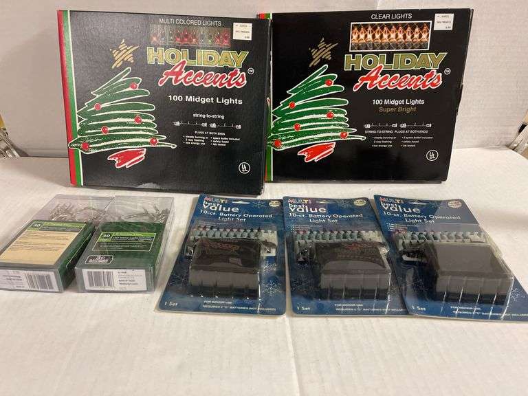 Christmas 100 Count Midget Lights (2), 30 Count LED Teeny Light (2), 10 Count Battery Operated Lights (3)
