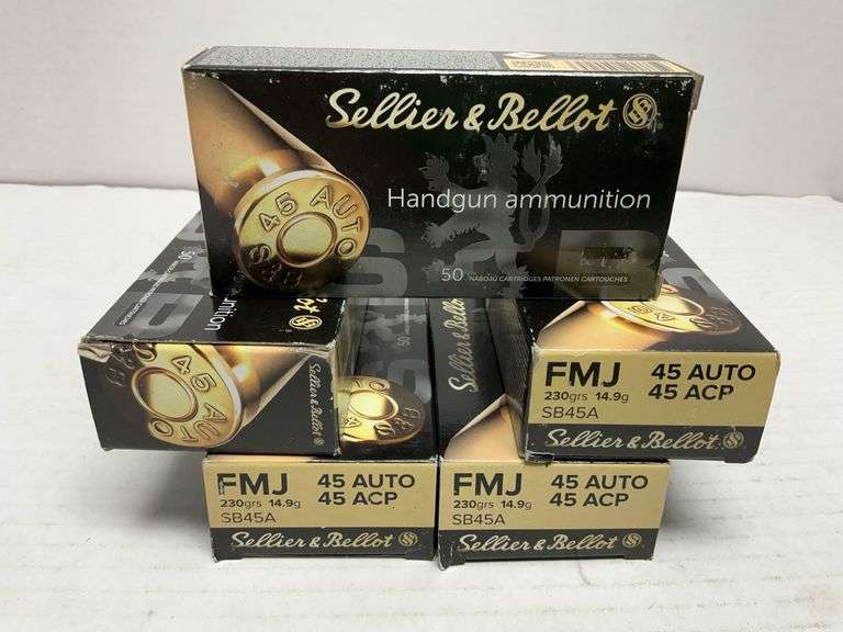 5 boxes of S&B 45 auto 230 gr FMJ ammo,