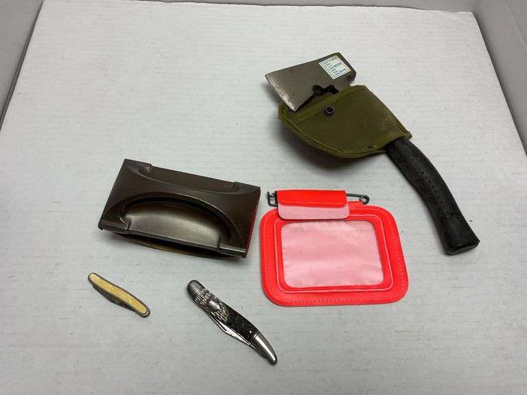 Hatchet with cover, 2 pocket knives, sanding block