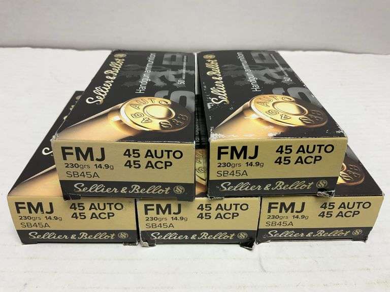 5 boxes of S&B 45 auto 230 gr ammo, 50rds/bx