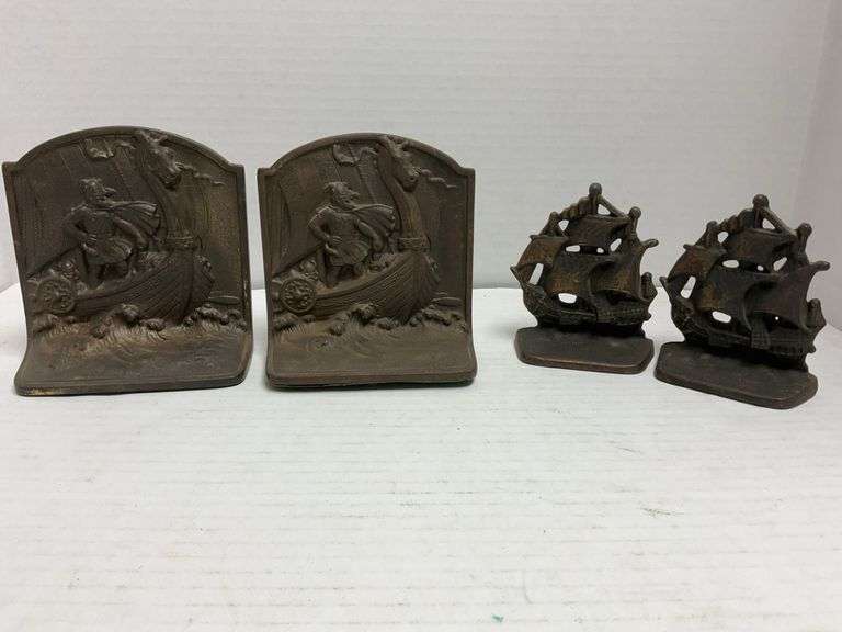 2 pair of brass book ends, 1 large set with a Viking