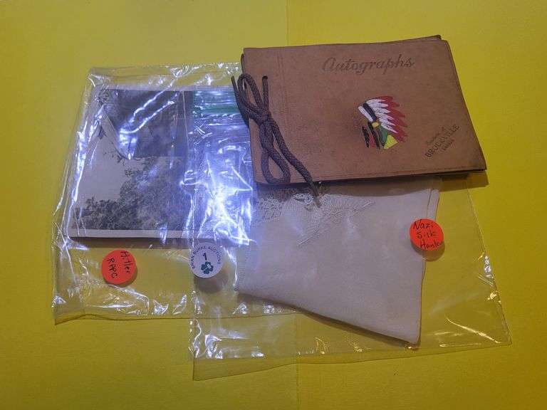 Autograph Book, Hitler Postcard & Silk Nazi Handkerchief