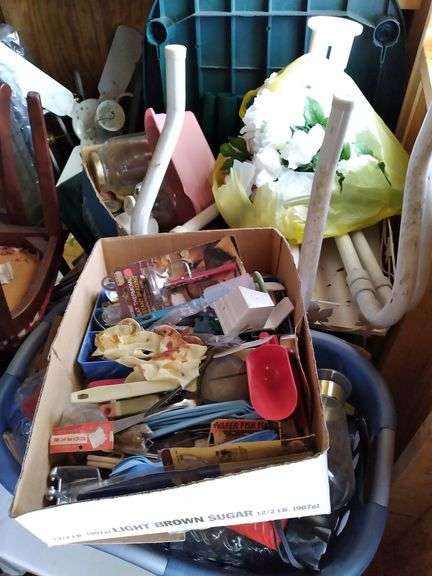 Contents of Left Garden Shed: Includes flower pots, plastic plants, furniture, holiday decorations, Cookware, lawn furniture, trunk, roller skates, silk flowers, mirror,  Glassware, dining room chairs, some new in Box items,  books, Lamp shades, Vintage Utensils,  take what you want leave the rest - Large wholesale lot