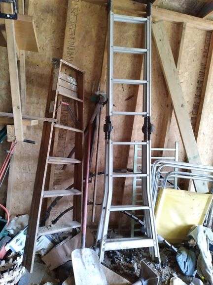 Barn  Collapsible extension ladder, A-frame ladder, tamper, handtools, drop spreader. Also includes cast-iron border for gardens.