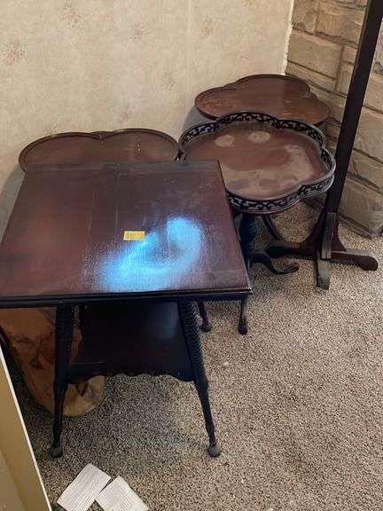 Garage hallway: Nice selection of vintage tables, also includes hall tree.